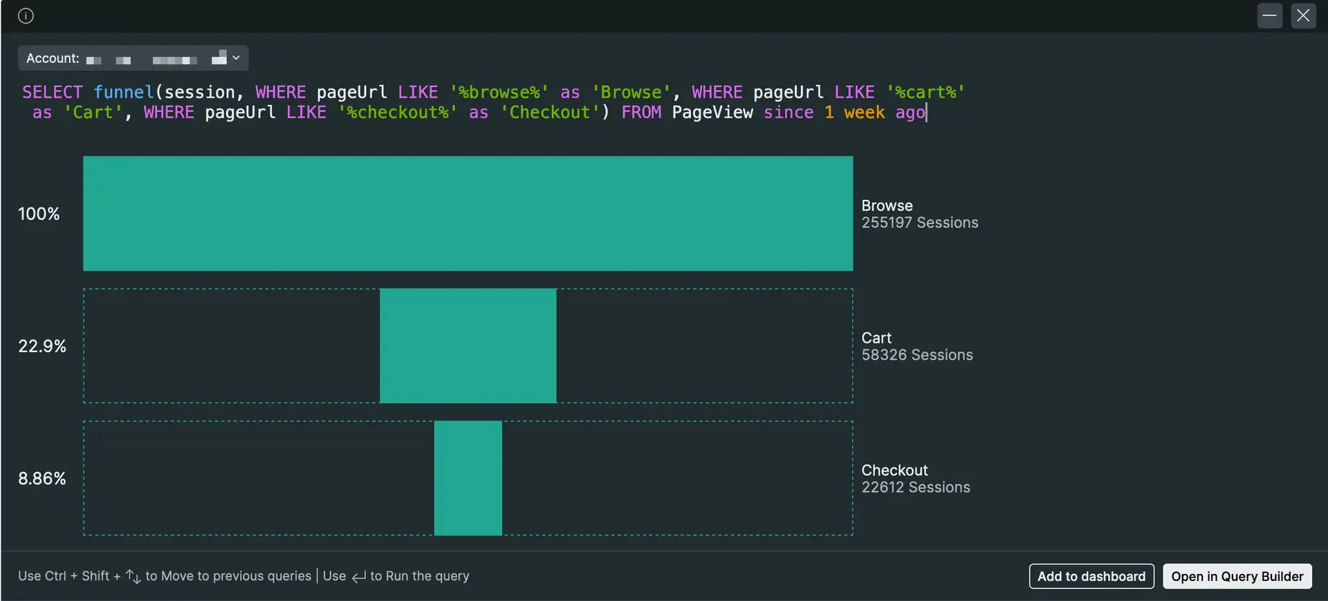An example NRQL funnel query that displays a count of the users who registered for an account, visited a feature-compare page, and upgraded. A screenshot of an example NRQL funnel query that displays a count of the users who registered for an account, visited a feature-compare page, and upgraded.